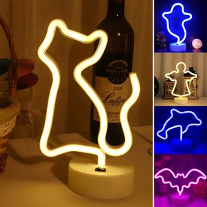 USB LED fantasma luz de neón vacaciones fiesta arte decoración noche luces gato murciélago delfín Ángel 3D lámpara de mesa niños regalo dormitorio lámparas