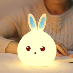 Luz de dormitorio con Control de grifo sensible recargable por USB, lámpara de luz nocturna LED de silicona de un solo Color y 7 colores de juguete de conejo feliz