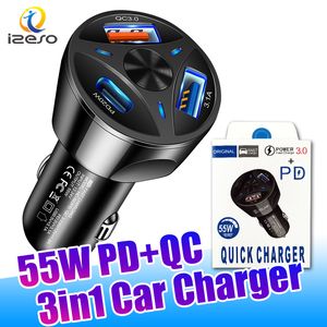 55W 3in1 USB PD Chargeur Type C USB3.0 Adaptateur de charge rapide pour iPhone Samsung Téléphones mobiles Chargeurs de véhicule avec izeso