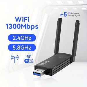 Adaptateur WiFi USB Carte réseau sans fil 1300 Mbps, adapté pour ordinateur de bureau Dongle WiFi 3.0 avec antenne, carte WiFi double bande 2,4 GHz et 5 GHz
