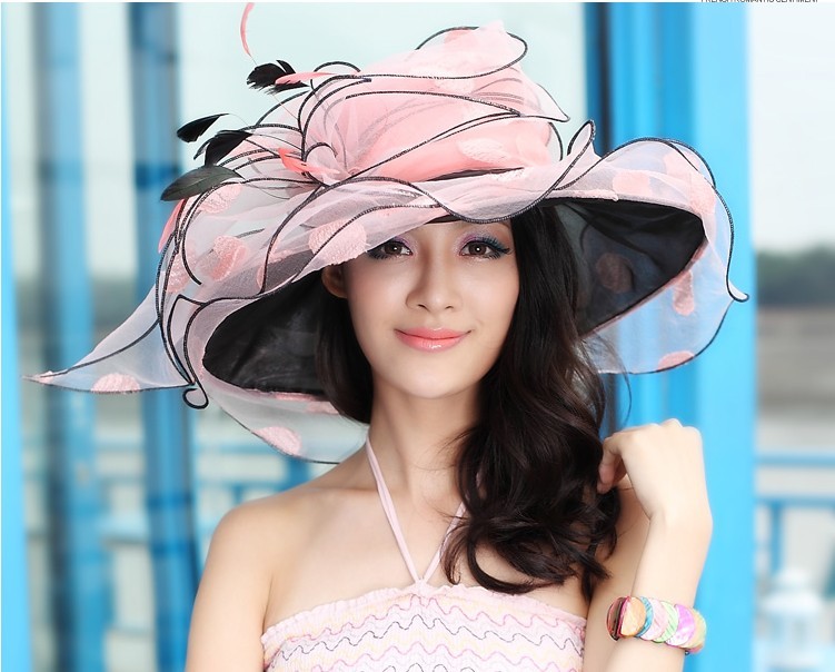 Women Hats Satin Ribbon Hats Big Brim Big Hat Wave Brim Red Exaggerated