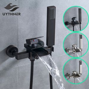 Uythner Bathroom Tub Faucet Single Handle Waterfall Spout Mixer Tap with Hand Shower Wall Mounted Bath Faucet Bathtub