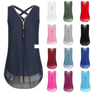 Col en V fermeture éclair réservoir en mousseline de soie femmes été sans manches lâche t-shirt femme décontracté dos croisé hauts de maternité 13 couleurs grande taille