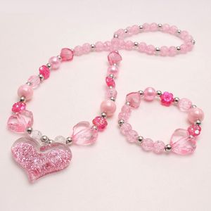 Valentijnsdag Liefde Hart Hanger Ketting Armbanden Baby Meisjes Charme Kralen Armbanden Elastische Sieraden Set Kindercadeau