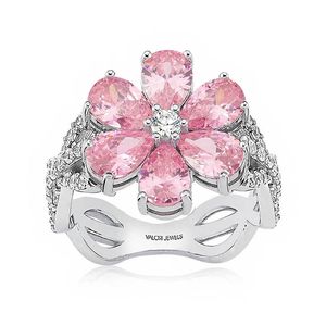 Valori Jewels Bague fleur magnolia, pierre précieuse poire rose zircon 2 ct, plaqué rhodium, argent 925, bijoux fins 211217