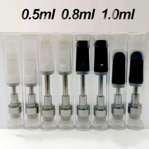 Cartouches de vape 1 ml 0,8 ml 0,5 ml Atomiseurs Tubes en PVC Emballage Chariots à huile épais Vide Plat à visser Bobine en céramique 2 mm 4 trous 510 filetage Atomiseur Réservoirs en verre E-cigarette