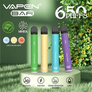 Vapen Bar TPD Cerficed Disposable Vape Pen E-cigarettes Kits 650puffs 2,0 ml Capacité 20mg 2% NIC 500MAH BATTLE CIGS VAPORISSE