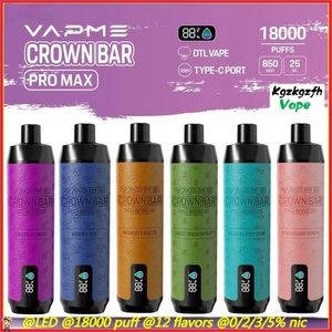 VapMe Crown Bar 18000 Pro Max Disposable 18K Puffs E-cigarette Coil DTL Vape Smart Screen 0% 2% 3% 5% Type-C PORT VAPE PEN 12 saveurs Choisissez vs Al Fakher 8000