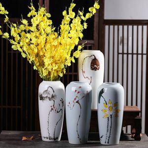 Jarrones China porcelana blanca flor de loto florero de cerámica para decoración del hogar pintura a mano planta hidropónica
