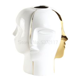 Vases créatifs tête en céramique Vase blanc multi-facettes visage déco doré Figure Sculpture artisanat Table fleur Arrangement maison