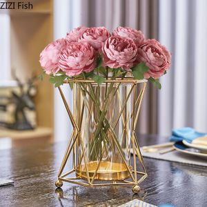 Vases Golden Vase Metal Flowers Pot Floral Flower Arrangement Plated Alloy Glass Desk Decoration Modern Luxurious Home Decor 230111