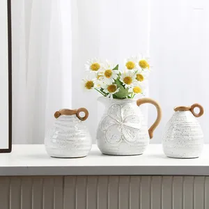 Jarrones decoraciones para el hogar rústico rústico 3D flores jarrón de botella de cerámica con mango de arreglo de la sala de estar de la sala del recipiente