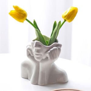 Vases Human Face Ceramic Flower Vase Girls Body Art Living Room Arrangement Plant Pot Pot Home Decor 221118