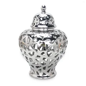 Vases en céramique décorative en argent Vase à fleurs en céramique ornée de détails en cristal et en chrome pour la pièce maîtresse de table à manger