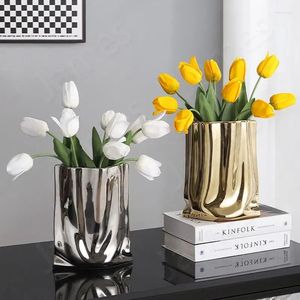 Vases Argent Nordique Vase En Céramique Creative Fold Or Fleur Table Basse Ornement De Bureau Pot Stand Salon Décoration