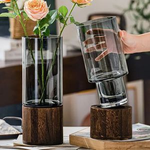 Vases Simple European Hydroponic Plant Household Living Room Room Inserted Flower Wood Base Transparent Glass Vase Home Decor 240409
