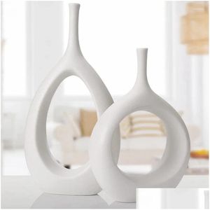 Vases Ensemble de creux en céramique blanc de 2 vase de fleurs pour décoration de la pièce maîtresse décorative moderne Table de mariage à la maison Drop livraison jardin dhzp4