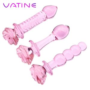 VATINE Pink Rose Flower Shape Anal Plug juguetes sexy para mujeres Glass Dildo Bead Butt Stimulation Prostate Massager Shop