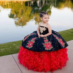 Veet mignon enfants noir princesse broderie cristal beauté robe de bal bouffante fleur fille robe d'anniversaire pour la photographie