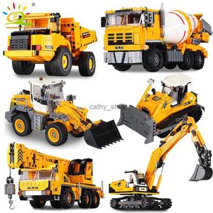 Vehicle Toys HUIQIBAO Engineering Truck Building Blocks Vehicle Excavator Bulldozer Crane Car Bricks City Construction Toys For Children BoysL231114