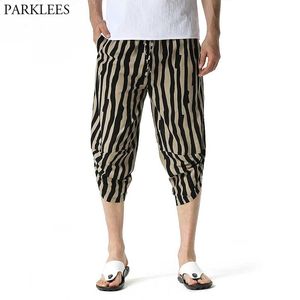 Pantalones de lino de algodón de harén de rayas verticales Verano Casual Ligero Elástico Playa Boho 3/4 Pantalones cortos con bolsillos 210522