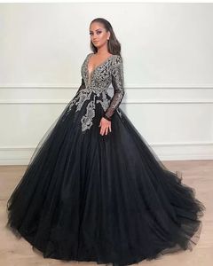 Dubaï arabe robe de soirée noire robes de bal col en V manches longues paillettes perles dentelle appliques douce 16 robes une ligne robes de Quinceanera robes