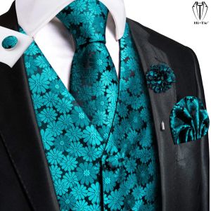 Chalecos HiTie Chalecos de seda de alta calidad para hombre Chaleco de jacquard floral verde azulado Corbata Pañuelo Gemelos Conjunto de broche para hombres Traje Oficina de bodas XL