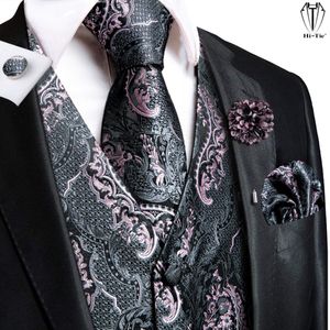 Chalecos HiTie Chalecos de seda de alta calidad para hombre Chaleco floral rosa gris Corbata Pañuelo Gemelos Conjunto de broche para hombres Traje Regalo de oficina de boda