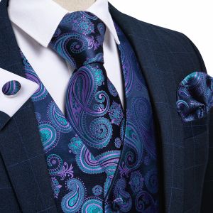 Chalecos Púrpura Negro Paisley Top Diseño Boda Hombres 100% Chaleco de Seda Chaleco Corbatas Hanky Gemelos Corbata Conjunto para Traje Esmoquin MJTZ104