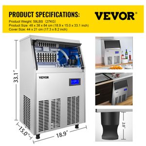 Vevor 40 60 70kg Ice Cube Maker Pumple de vidange d'eau Auto Nettoyer Liquide Freinez Kitchen Appareils Ice Machine Machine Commercial