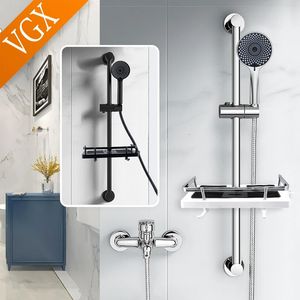 VGX – ensemble de douche à main Simple, tige avec barre coulissante de levage d'étagère de salle de bains, noir chromé 240108