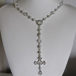 Victoria collier de perles fait main Imitation perles de cristal blanc perle chapelet Style Long collier réglable croix gothique