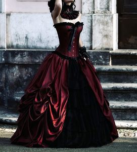 Victorian Gothic Wedding Dress: Burgundy and Black Taffeta Ruched Tiered Floor Length Vintage Bride Wear Sweetheart Sleeveless Long Retro Medieval Bridal Gown