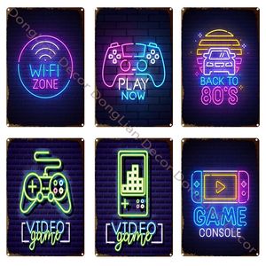 Consola de videojuegos, letrero de Metal de neón, letrero de estaño, placas de hojalata, decoración de pared, letrero de neón Retro Vintage para hombre, cueva, café, Pub, hogar, Club, 20x30cm, Woo