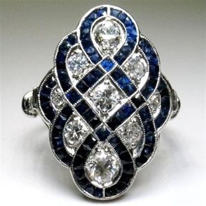 Vintage 925 bague en argent sterling rétro bleu saphir diamant bijoux anniversaire cadeau croix fiançailles cocktail fête Wed279O