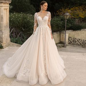 Vintage A-ligne Robe De Mariée En Satin Pour Femme Col En V À Manches Longues Applique Illusion Dos Nu Bouton Mariée Robes Formelles Robe De Novia