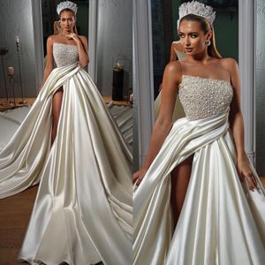 Vintage une robe de mariée en ligne pour la mariée bijoux transparents perles robes de mariée en satin robes nuptiales vestidos de novia cuisse divisé pays robe de mariage