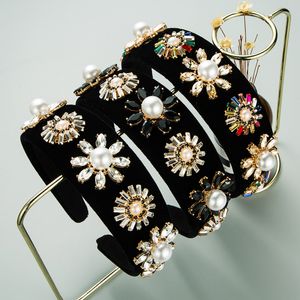 Bandeau à fleurs en cristal multicolore Vintage, style Baroque, élégant, imitation de perles, en velours noir, couvre-chef de fête pour filles