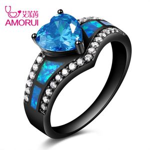 Vintage negro oro Color arcoíris púrpura verde azul CZ piedra corazón anillos de boda para mujer moda ópalo anillo joyería regalo