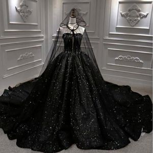 Vintage Black Gothic A-LINE Wedding Dresses 2023 Strapless Lace-up Corset Gillter Sparkly Princess Church Garden Bridal Gown