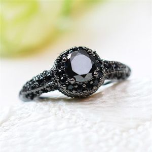 Anillos de compromiso de circón redondo negro vintage para mujeres y hombres, joyería de oro negro antiguo, anillo de boda para hombre y mujer, joyería de cristal 231o