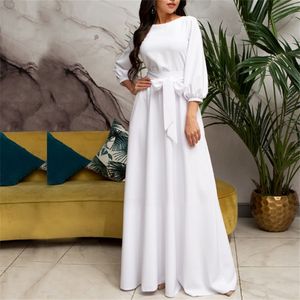 Vintage Noeud Papillon Maxi Longue Robe Blanche Femmes Manches Lanterne Élégante Robe De Bandage Solide O Cou Boho Robe De Longueur Au Sol LJ200808