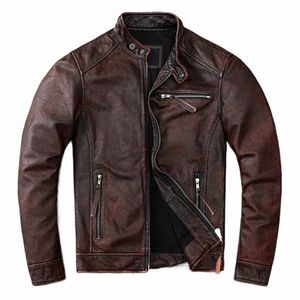 Manteau marron vintage style motard classique court mince veste en cuir véritable hommes manteau en cuir décontracté taille asiatique 6XL automne vente en gros F55h #