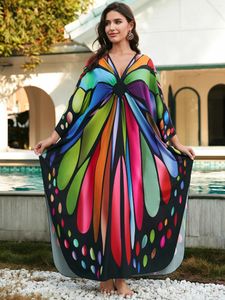 Vintage papillon imprimement Summer Beachwear plus taille Kaftan Robe Women Swimsuit Bikini Cover-ups Hand-tden V Neck Robe Q1588