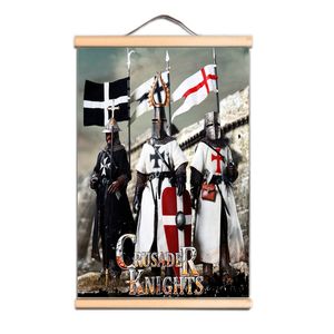 Impression sur toile vintage - Illustration murale de guerrier croisé médiéval - Bannière à suspendre - Voici une superbe peinture parchemin d'un chevalier templier LZ01
