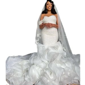 Vestidos de novia de sirena con volantes en cascada vintage, vestido de novia con cuentas de un hombro, talla grande, cola de pez, lentejuelas, Vestidos De Novia 326 326