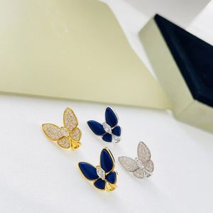 Boucles d'oreilles à charme vintage Van Cleef Brand Designer Blue Glaze Stone 18K Gold plaqué Crystal Deux papillons différents pour femmes de la mode avec boîte