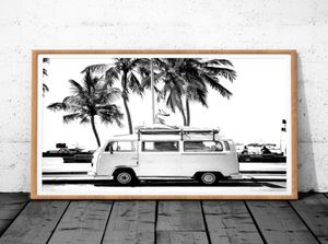 Peinture sur toile avec imprimé de photographie côtière Vintage, Bus rétro, Van, camping-car et palmier noir, tableau mural, décoration artistique côtière, 9709090