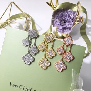 Boucles d'oreilles pendantes Vintage Van Clee marque Designer plein cristal trèfle à quatre feuilles gland chaîne charme boucles d'oreilles avec boîte cadeau de fête pour les femmes bijoux
