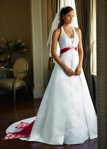 Vintage rouge foncé et blanc une ligne robes de mariée avec voile sans manches col en v satin longues robes de mariée dentelle appliques taille empire grande taille robe de mariée